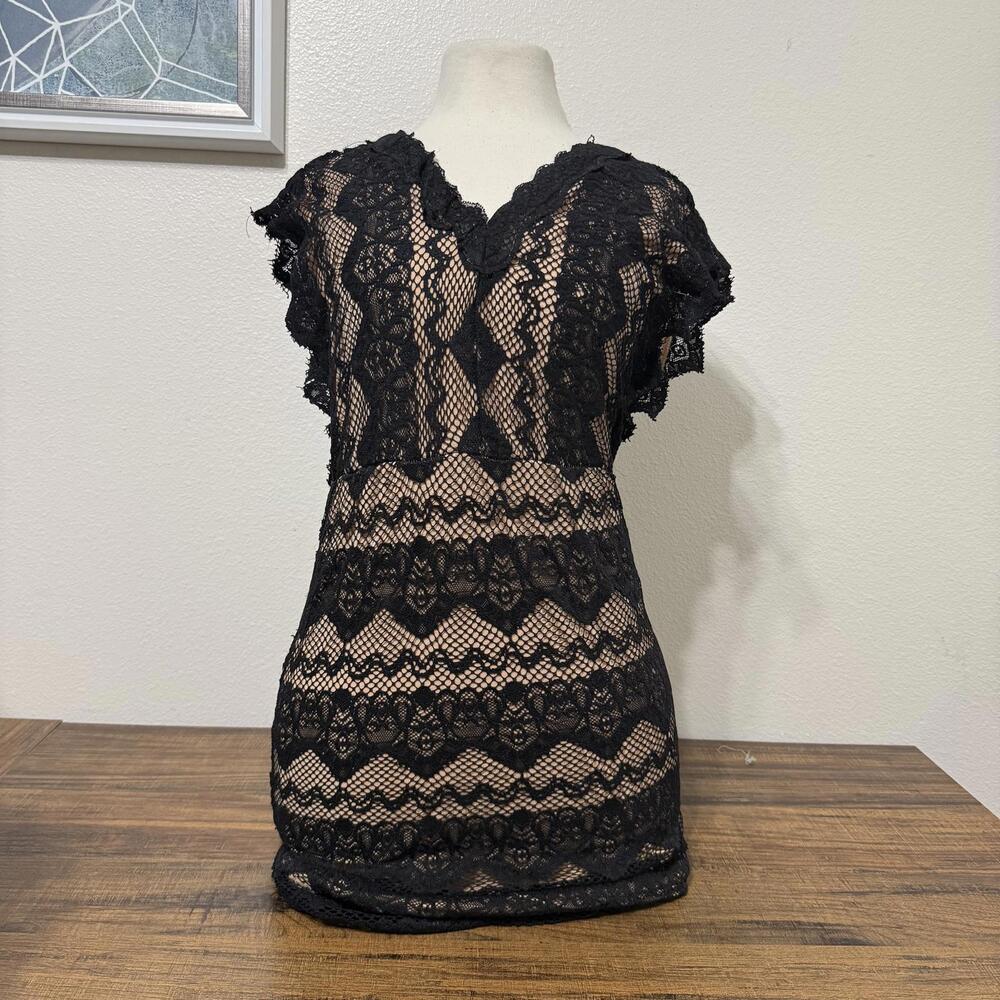 Shinestar Black Lace Overlay Dress with Nude Underlay XL